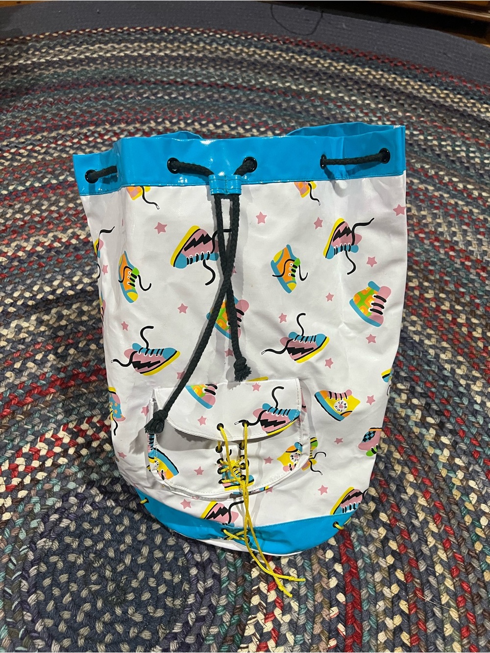 Vintage 90s White Drawstring Backpack with Colorful Sneaker Print, Blue Trim EUC